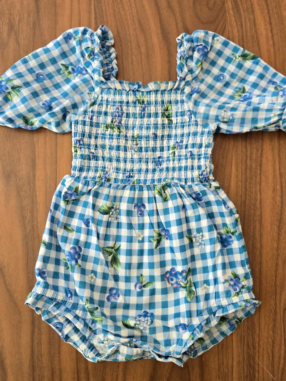 JessaKae Smocked Blue Gingham Blueberry Bubble Romper Puff Sleeve 12M